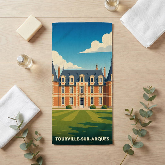 Serviette de bain souvenir de Tourville-sur-Arques illustrée par le château de Miromesnil.