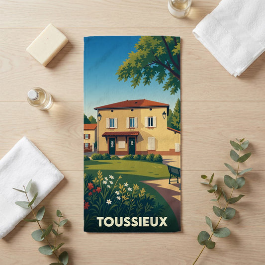 Serviette de bain souvenir de la ville de Toussieux avec une illustration stylisée d'une maison de village.