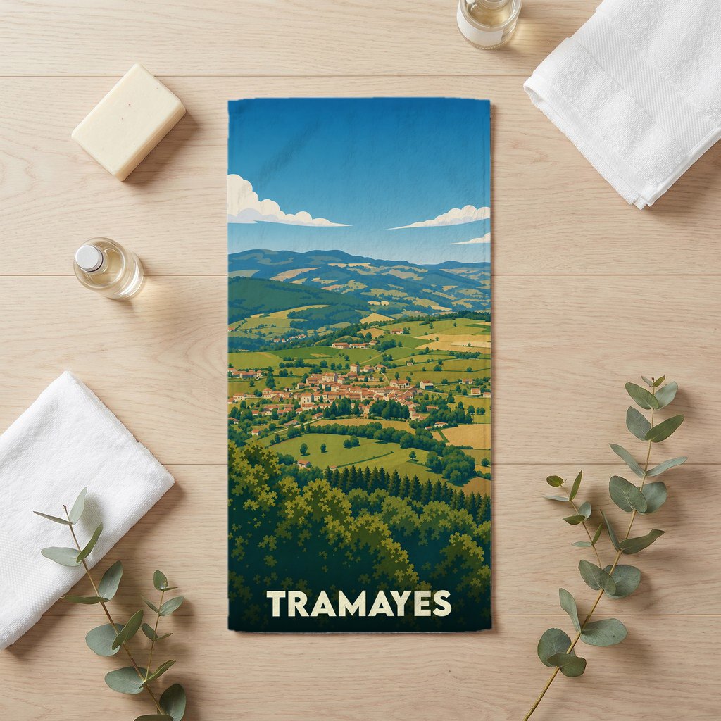 Serviette de bain souvenir de la ville de Tramayes avec une illustration de paysage vallonné.