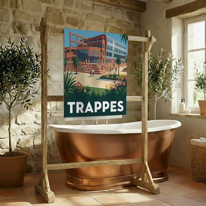 Serviette de bain souvenir de la ville de Trappes avec une illustration stylisée.