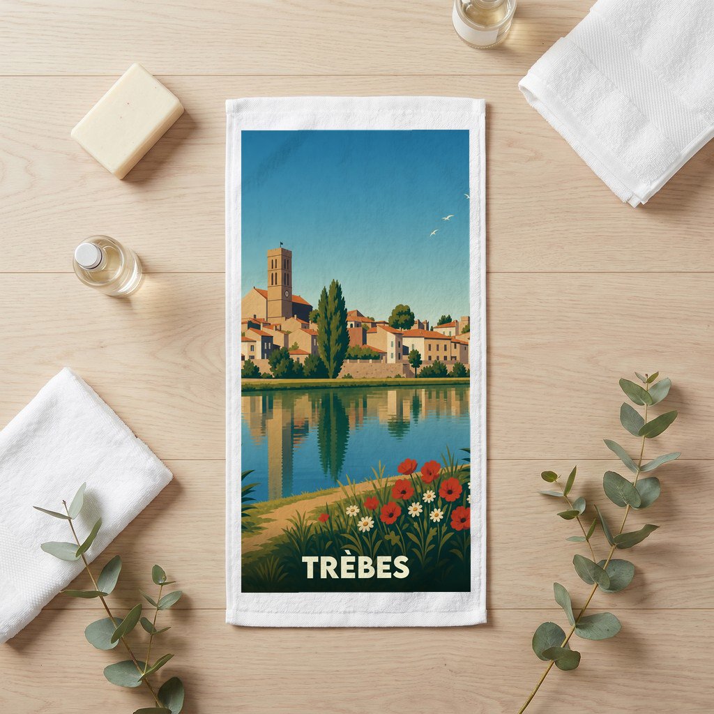 Serviette de bain souvenir de la ville de Trèbes avec une illustration stylisée d'un paysage fluvial.