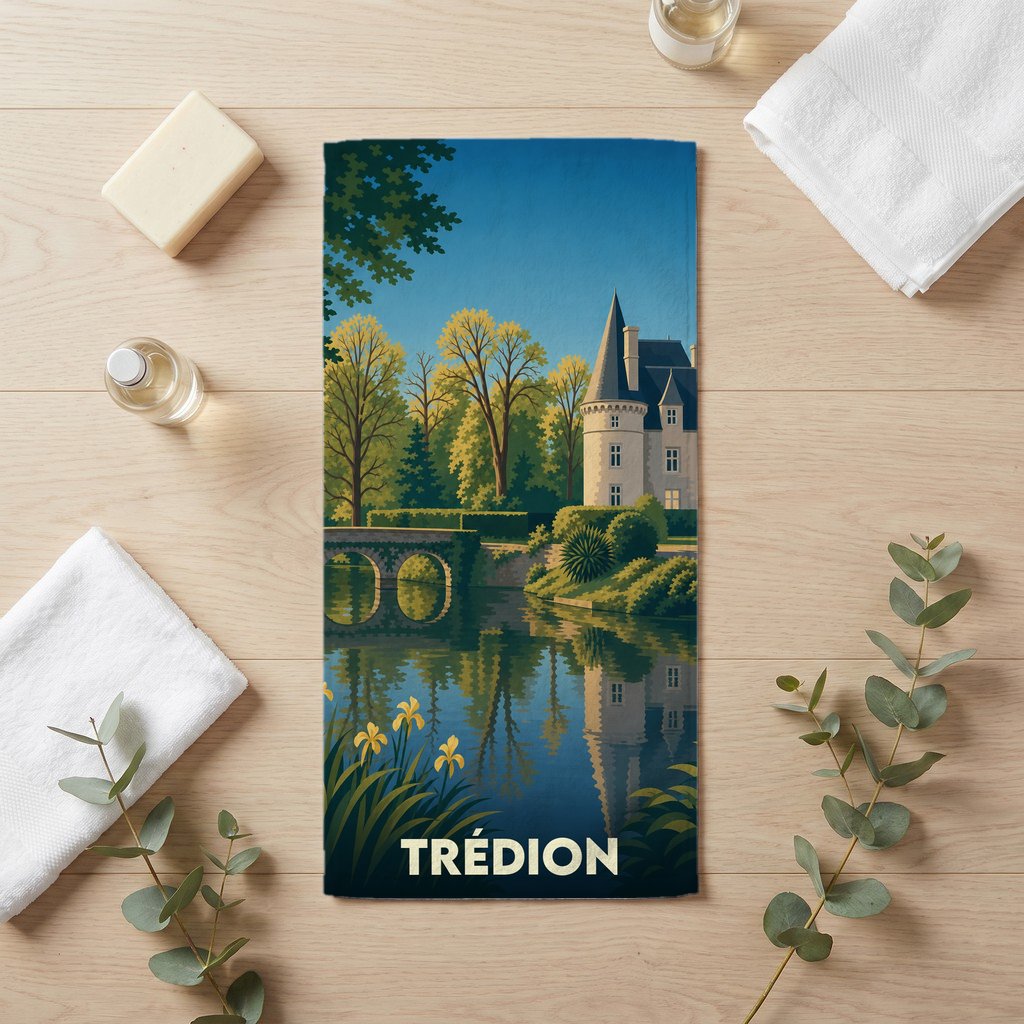 Serviette de bain souvenir de la ville de Trédion avec une illustration stylisée d'un château au bord de l'eau.