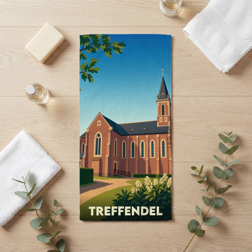 Serviette de bain souvenir de la ville de Treffendel illustrant une église de briques rouges.