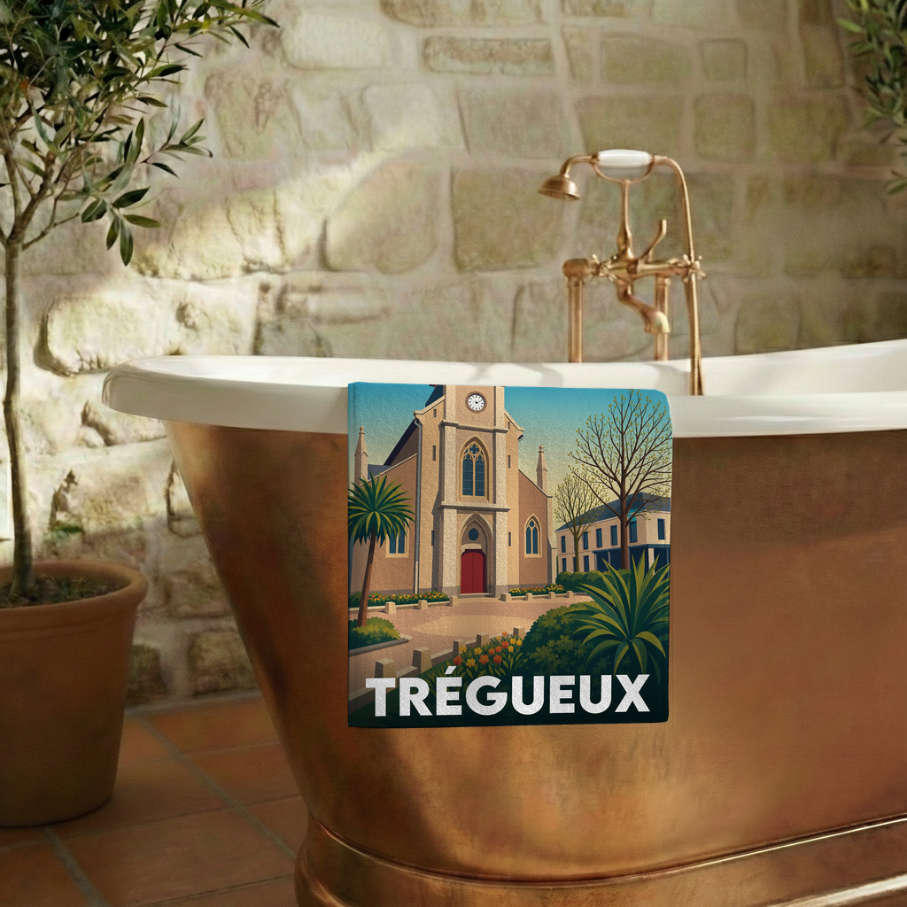 Serviette de bain souvenir de la ville de Trégueux avec une illustration stylisée de son église.