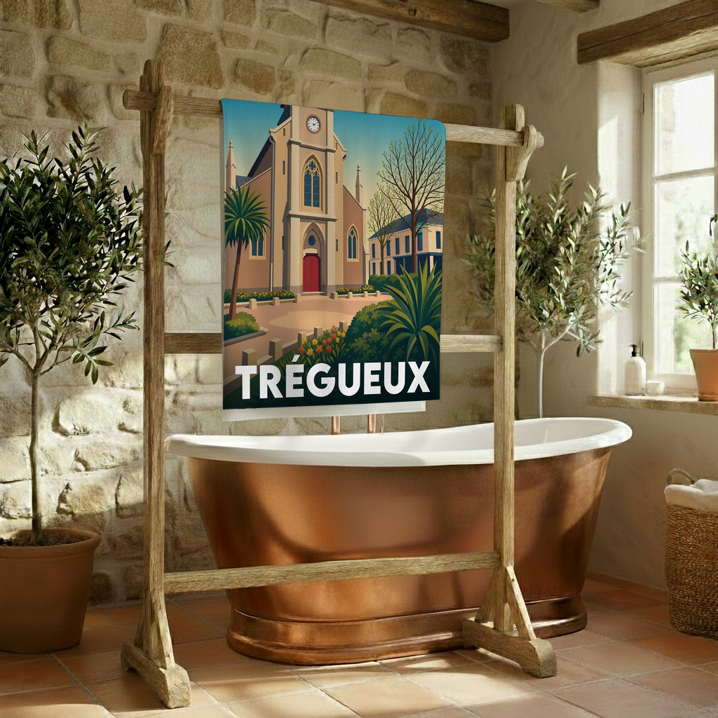 Serviette de bain souvenir de la ville de Trégueux avec une illustration stylisée d'une église bretonne.