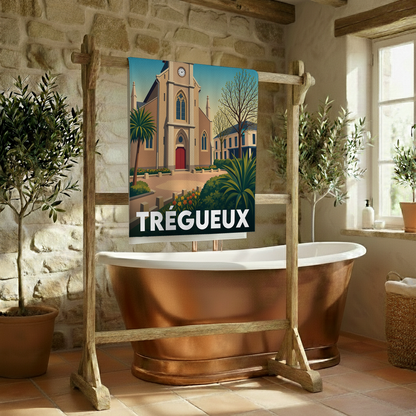 Serviette de bain souvenir de la ville de Trégueux avec une illustration stylisée d'une église bretonne.
