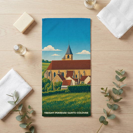 Serviette de bain souvenir de Treigny-Perreuse-Sainte-Colombe avec une illustration stylisée de son église et de son paysage.
