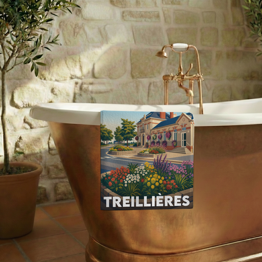 Serviette de bain souvenir de la ville de Treillières avec une illustration stylisée et fleurie.