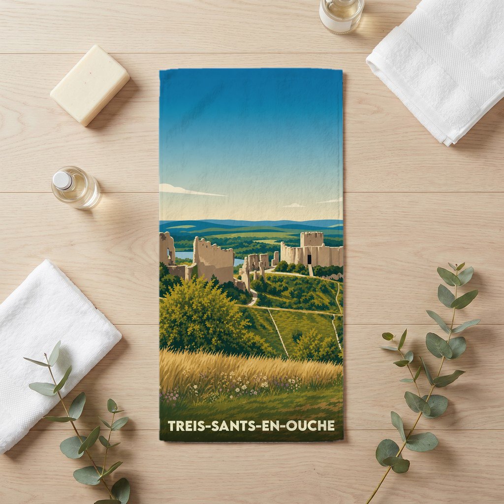 Serviette de bain souvenir de la ville de Treis-Sants-en-Ouche avec une illustration de ruines médiévales dans un paysage vallonné.