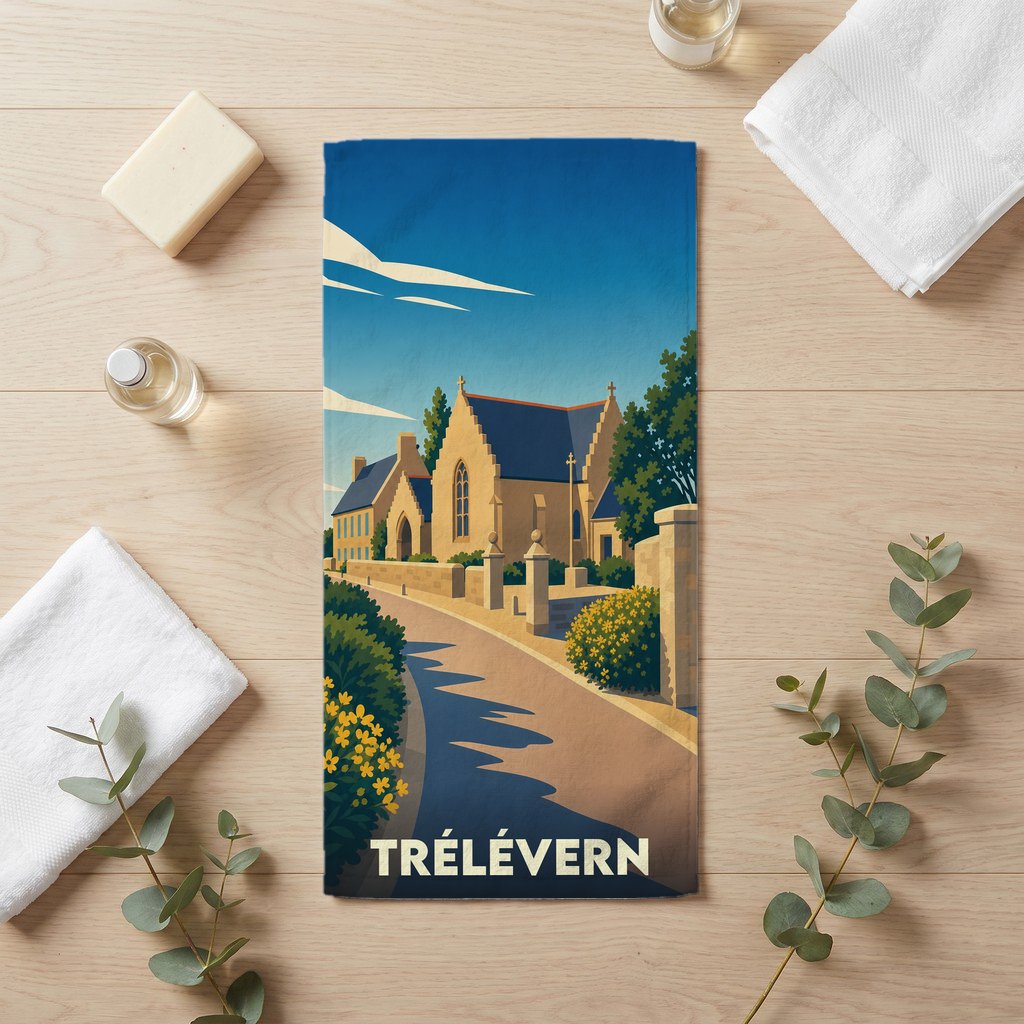Serviette de bain souvenir de la ville de Trélévern avec une illustration stylisée.