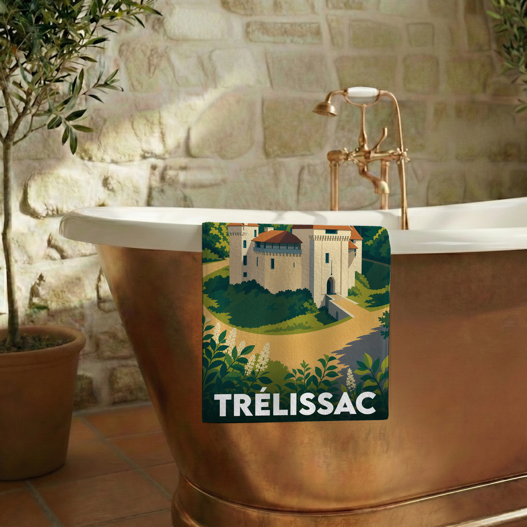 Serviette de bain souvenir de la ville de Trélissac avec une illustration stylisée de son château.