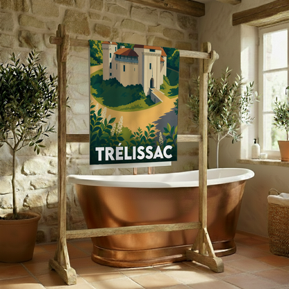 Serviette de bain souvenir de la ville de Trélissac avec une illustration stylisée de son château.