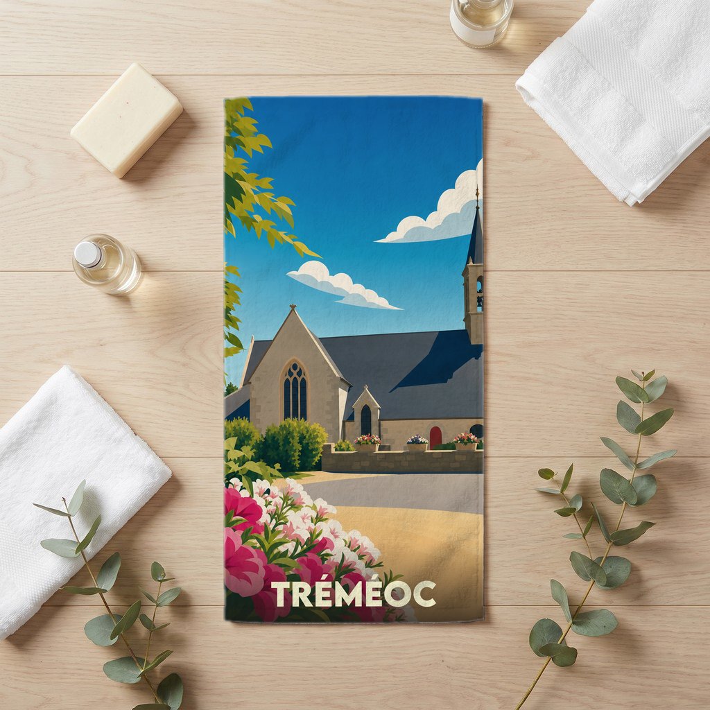 Serviette de bain souvenir de la ville de Tréméoc avec une illustration stylisée de son église.