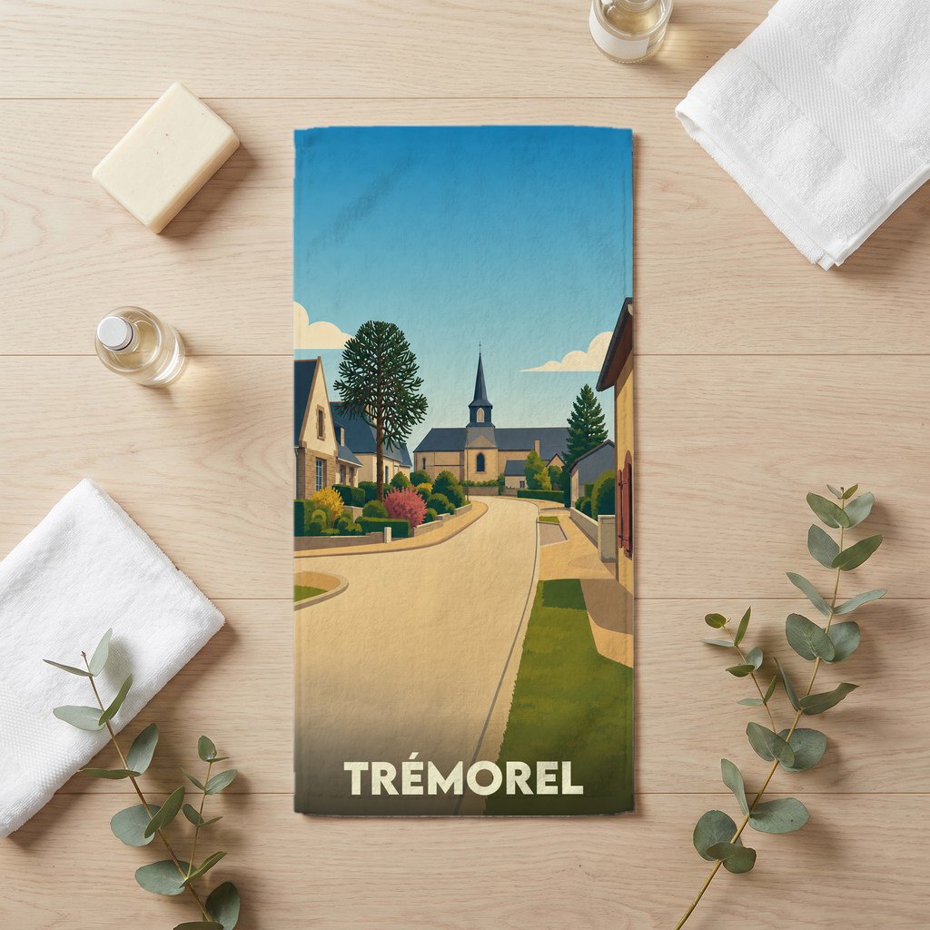 Serviette de bain souvenir de la ville de Trémorel avec une illustration stylisée.