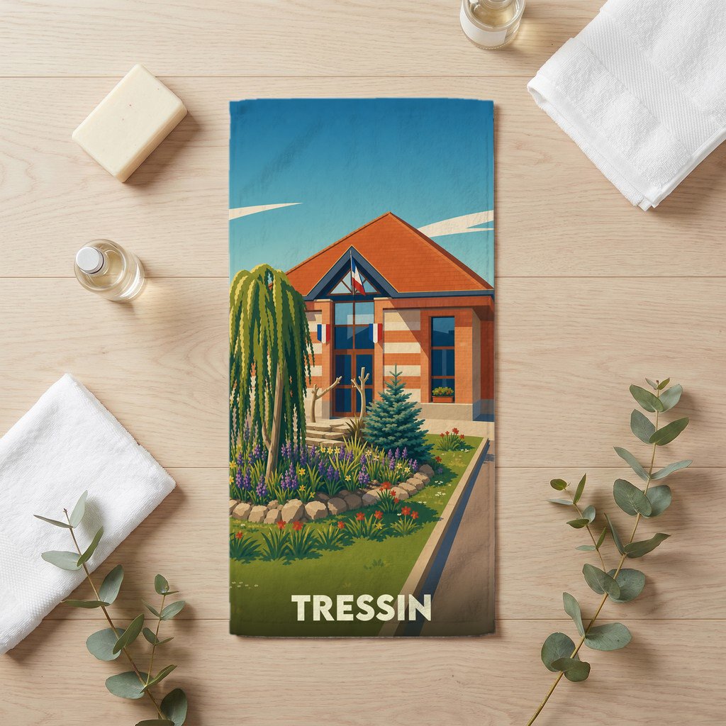 Serviette de bain souvenir de la ville de Tressin avec une illustration stylisée d'un bâtiment municipal et son jardin.