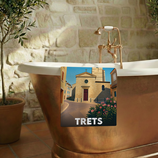 Serviette de bain souvenir de la ville de Trets avec une illustration stylisée.