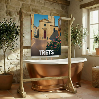 Serviette de bain souvenir de la ville de Trets avec une illustration stylisée.