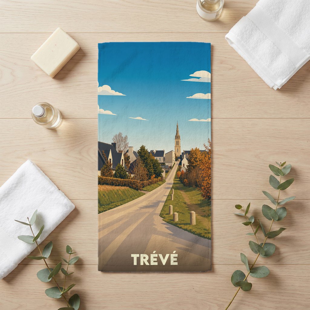 Serviette de bain souvenir de la ville de Trévé avec une illustration stylisée.