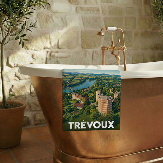 Serviette de bain souvenir de la ville de Trévoux avec une illustration stylisée de son paysage.