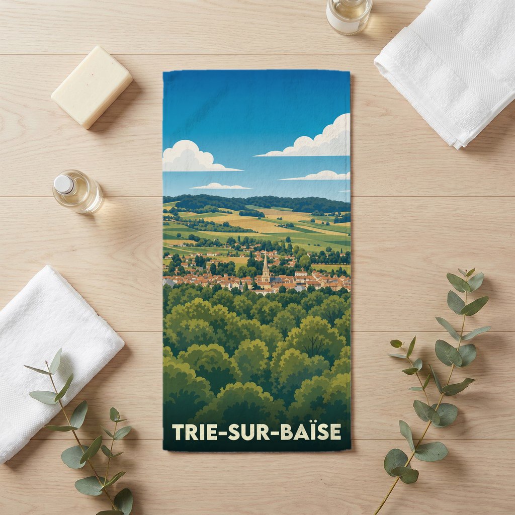 Serviette de bain souvenir de la ville de Trie-sur-Baïse avec une illustration de paysage champêtre.