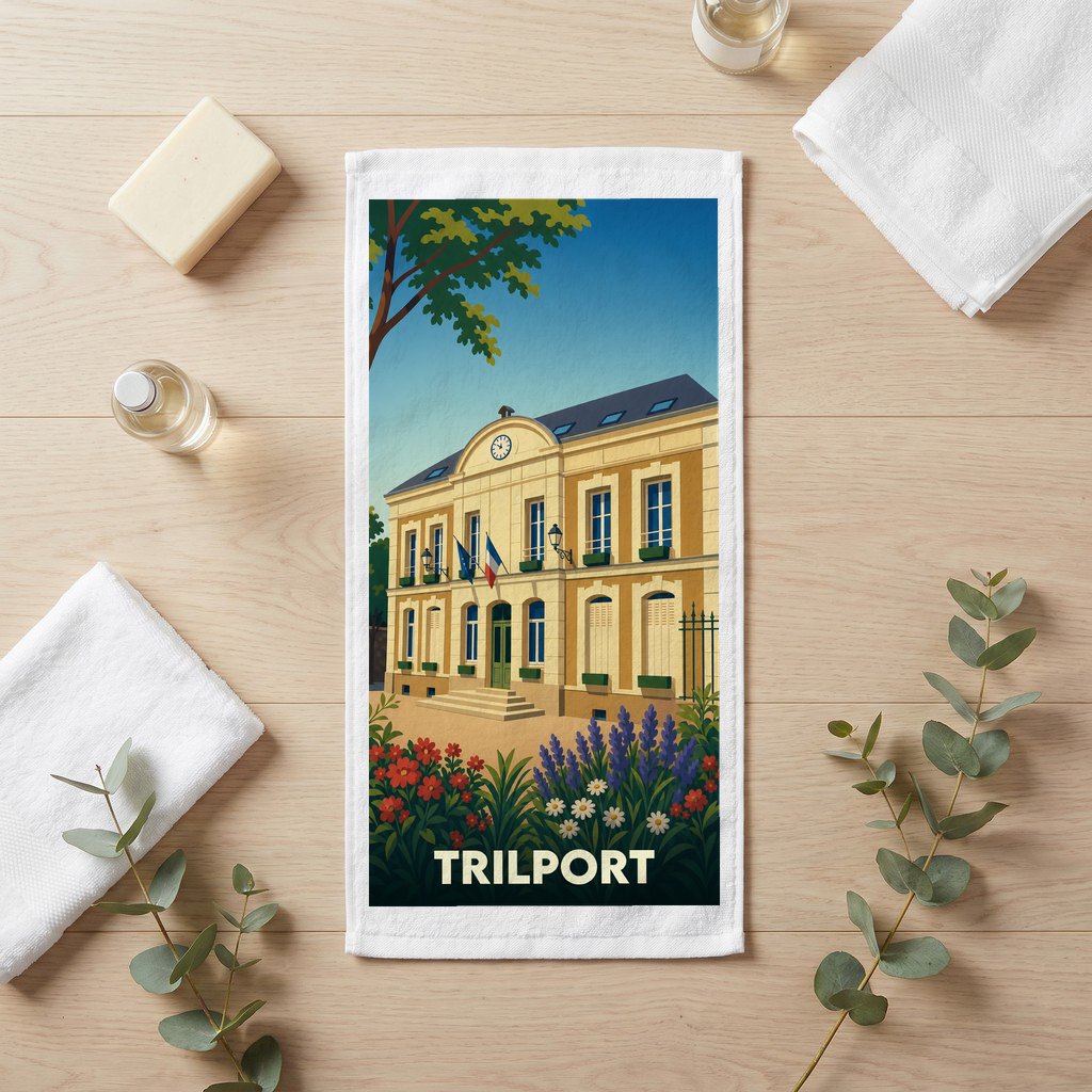 Serviette de bain souvenir de la ville de Trilport avec une illustration stylisée de son hôtel de ville.