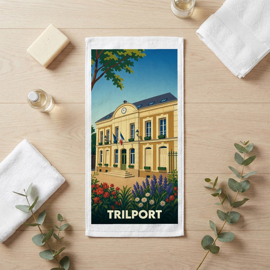 Serviette de bain souvenir de la ville de Trilport avec une illustration stylisée de son hôtel de ville.