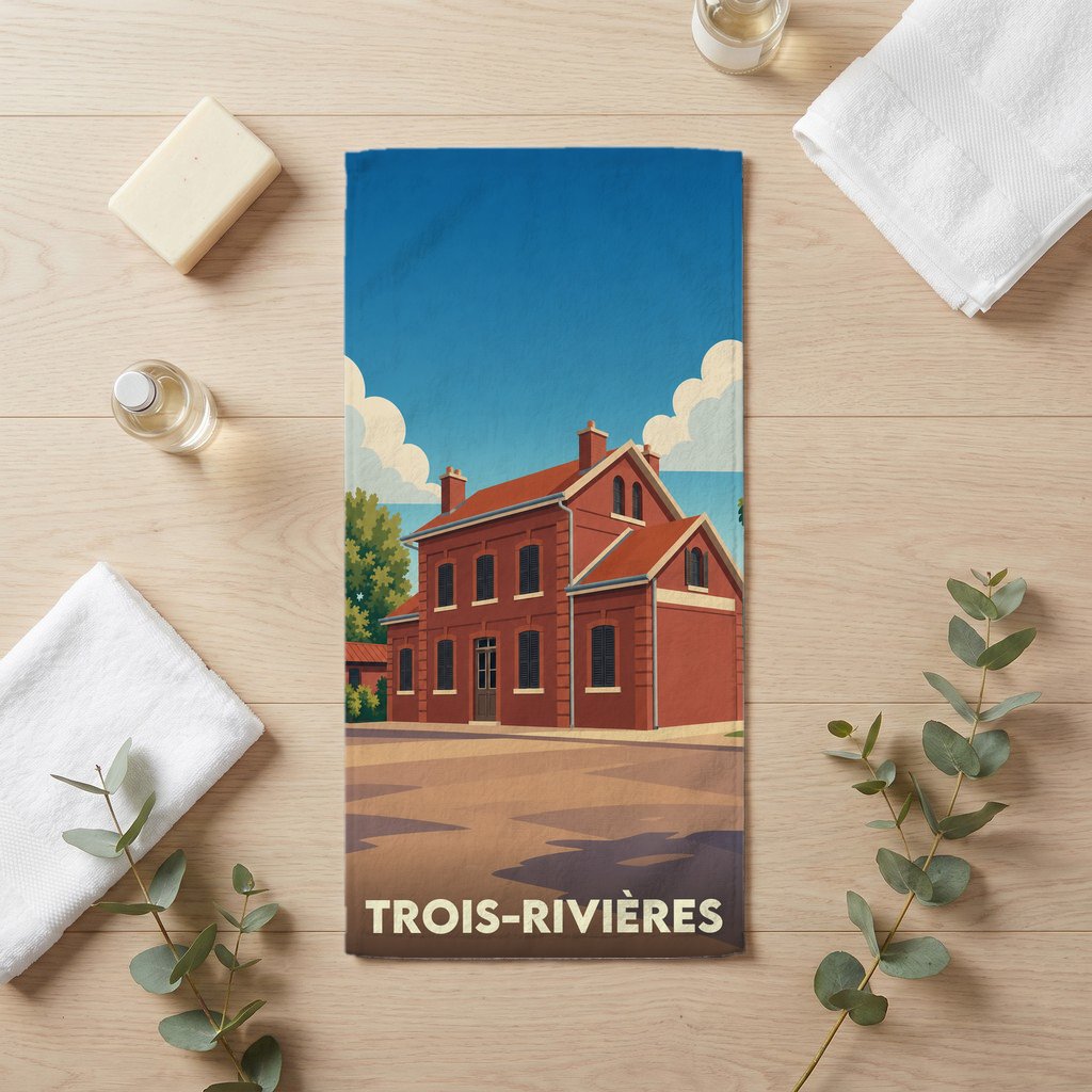 Serviette de bain souvenir de la ville de Trois-Rivières avec une illustration stylisée d'un bâtiment historique.