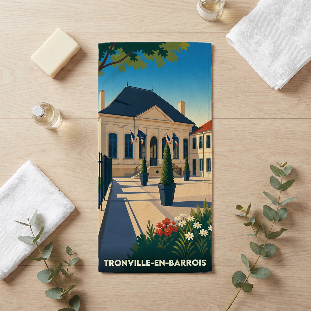 Serviette de bain souvenir de la ville de Tronville-en-Barrois avec une illustration stylisée de son hôtel de ville.
