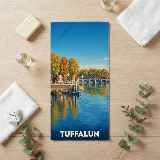 Serviette de bain souvenir de la ville de Tuffalun avec une illustration stylisée des bords de Loire en automne.