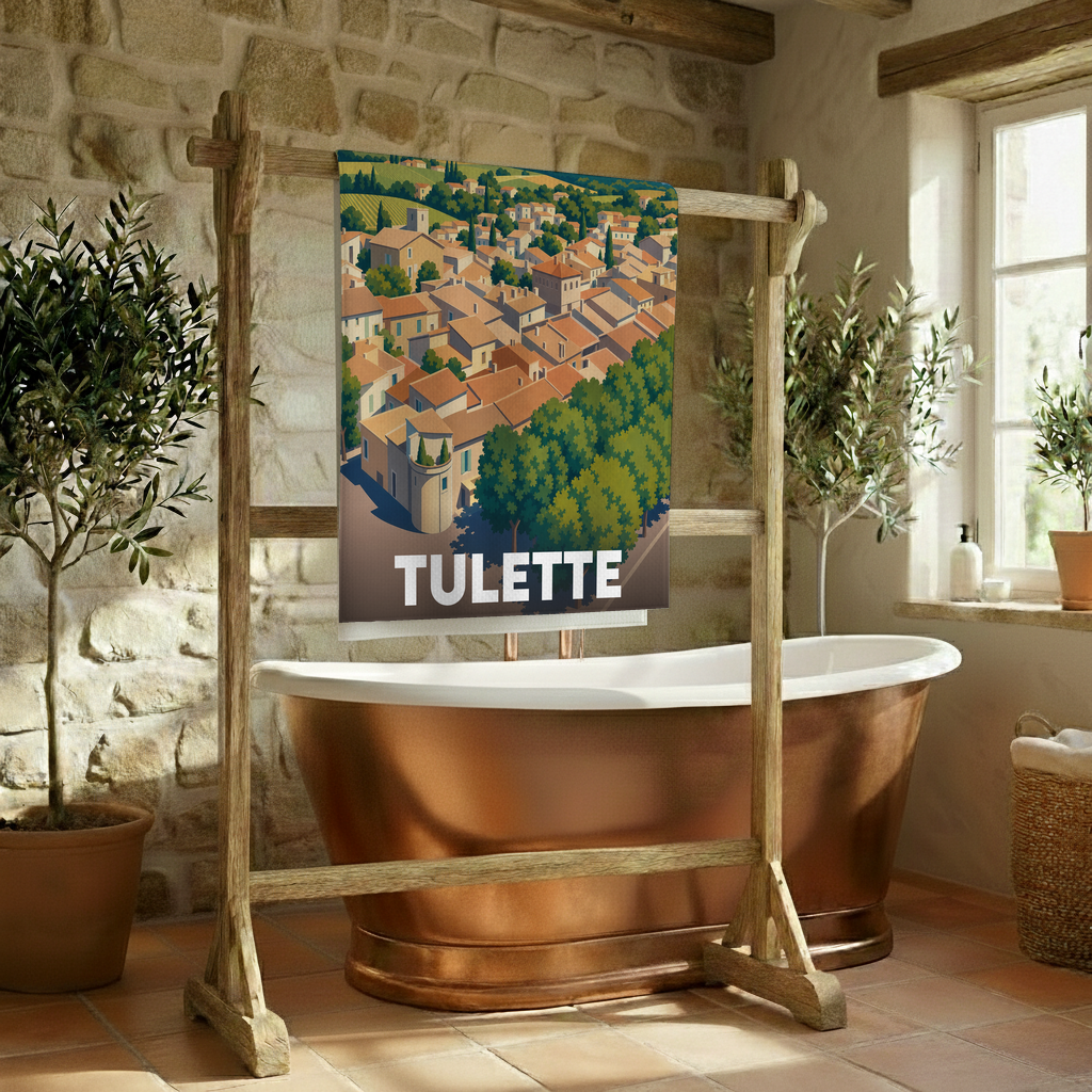 Serviette de bain souvenir de la ville de Tulette avec une illustration stylisée.