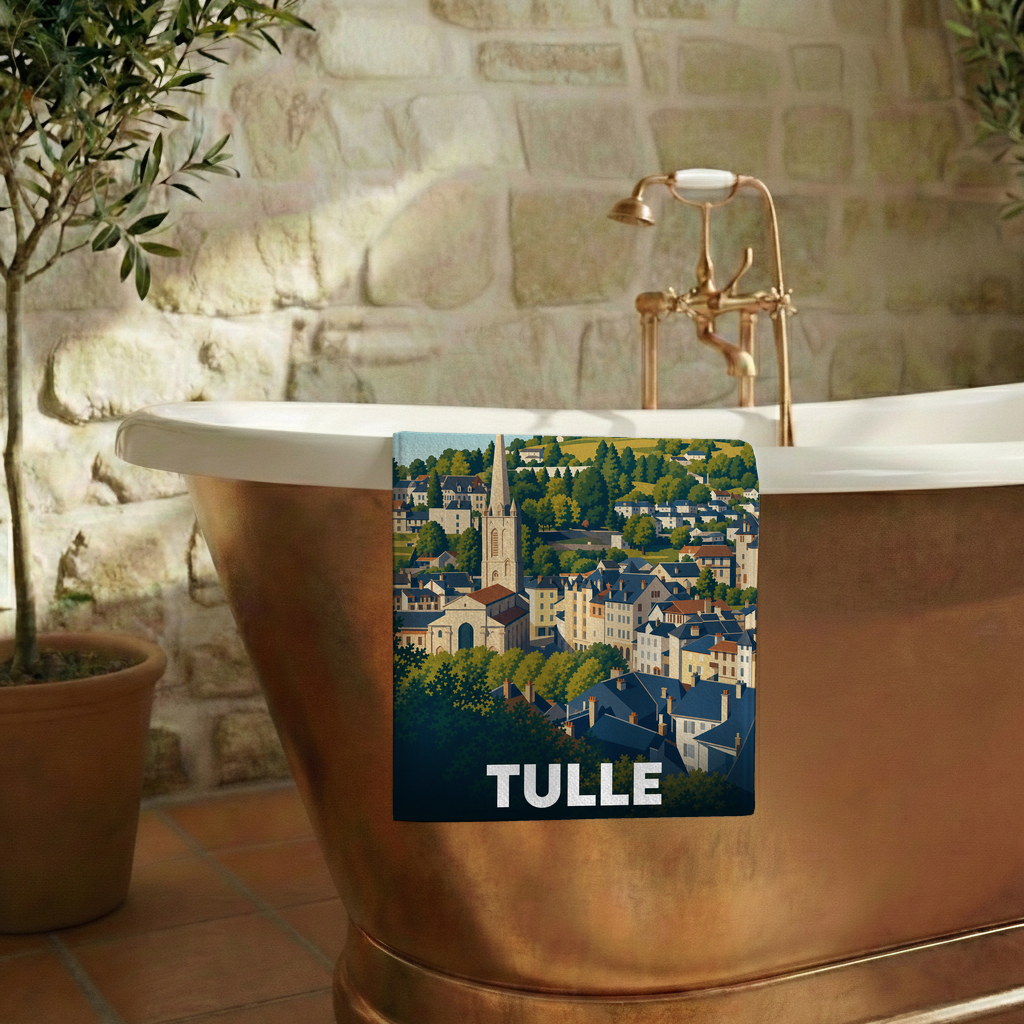 Serviette de bain souvenir de la ville de Tulle avec une illustration stylisée.