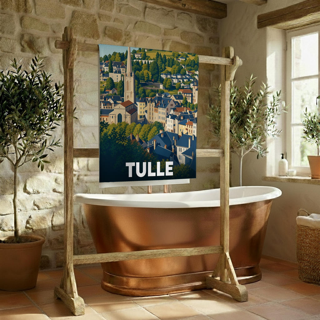 Serviette de bain souvenir de la ville de Tulle avec une illustration stylisée.