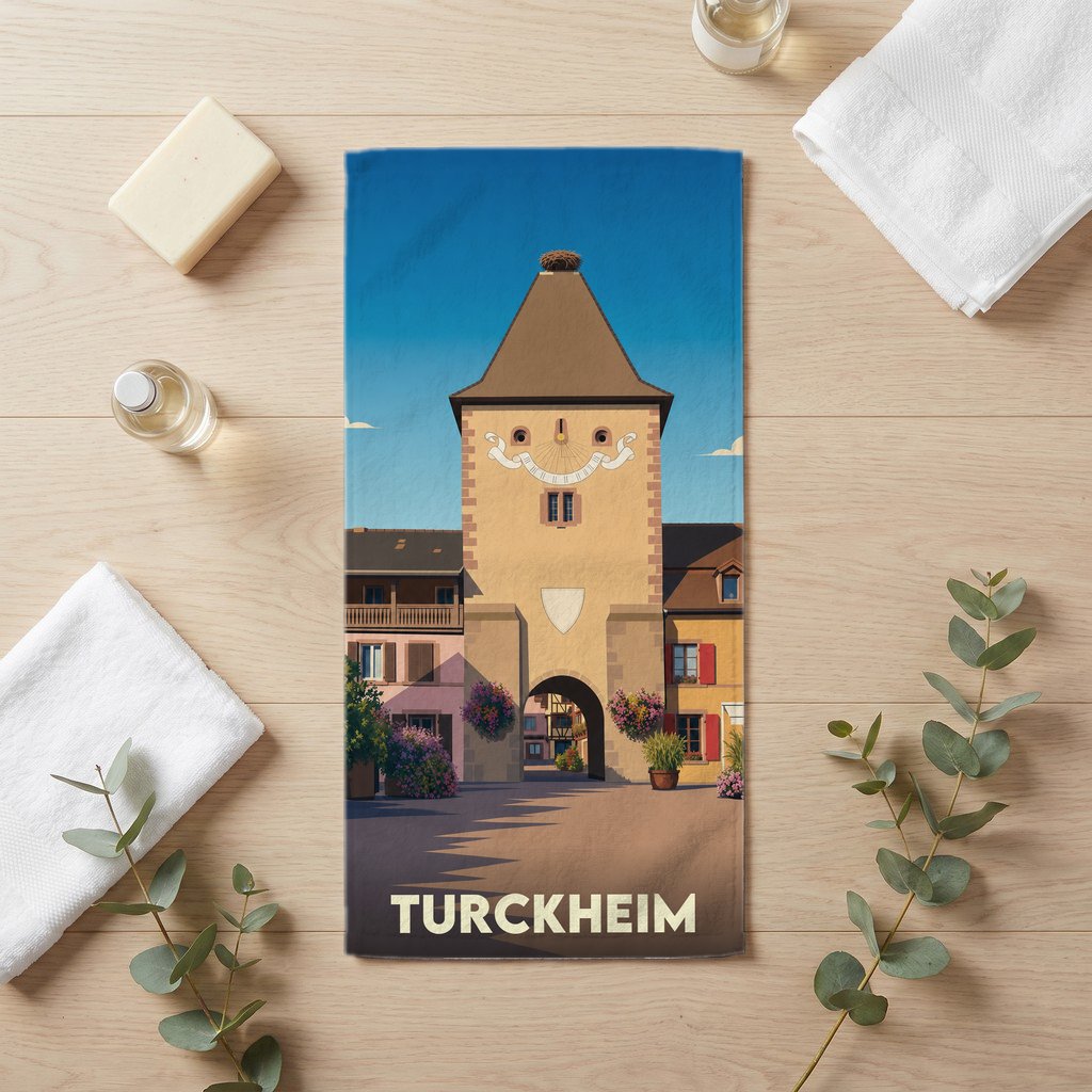 Serviette de bain souvenir de la ville de Turckheim avec une illustration stylisée de sa porte médiévale.