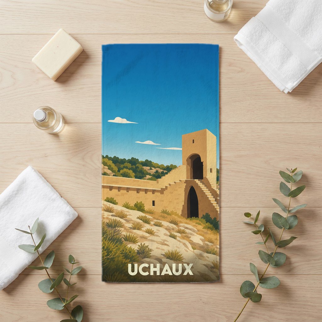 Serviette de bain souvenir de la ville de Uchaux avec une illustration stylisée d'un monument historique.