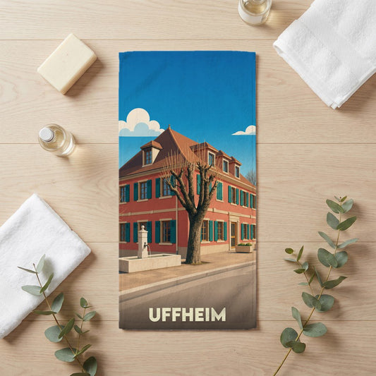 Serviette de bain souvenir de la ville d'Uffheim avec une illustration stylisée d'un bâtiment traditionnel.