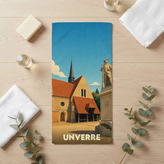 Serviette de bain souvenir de la ville d'Unverre avec une illustration stylisée.