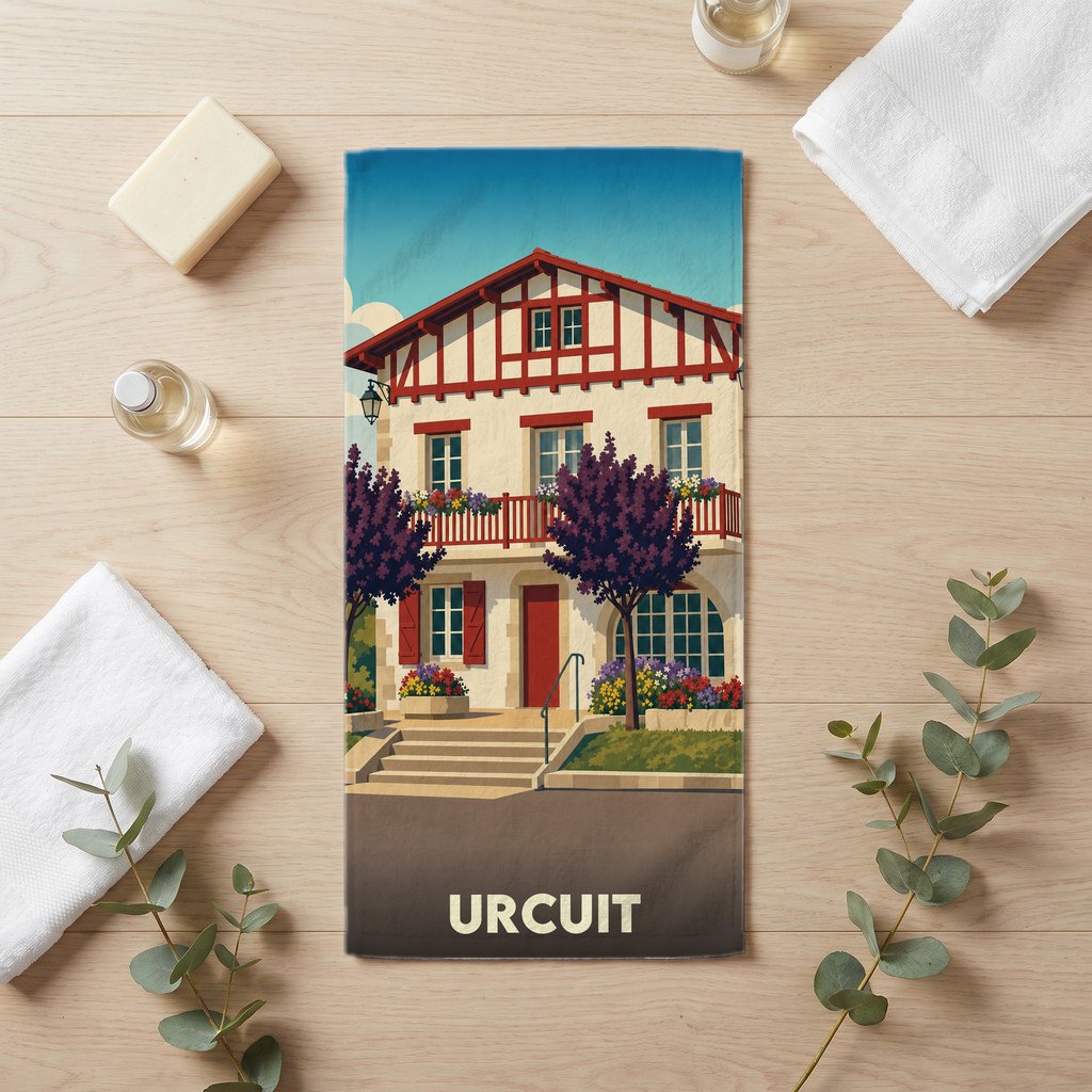 Serviette de bain souvenir de la ville d'Urcuit avec une illustration stylisée d'une maison basque traditionnelle.