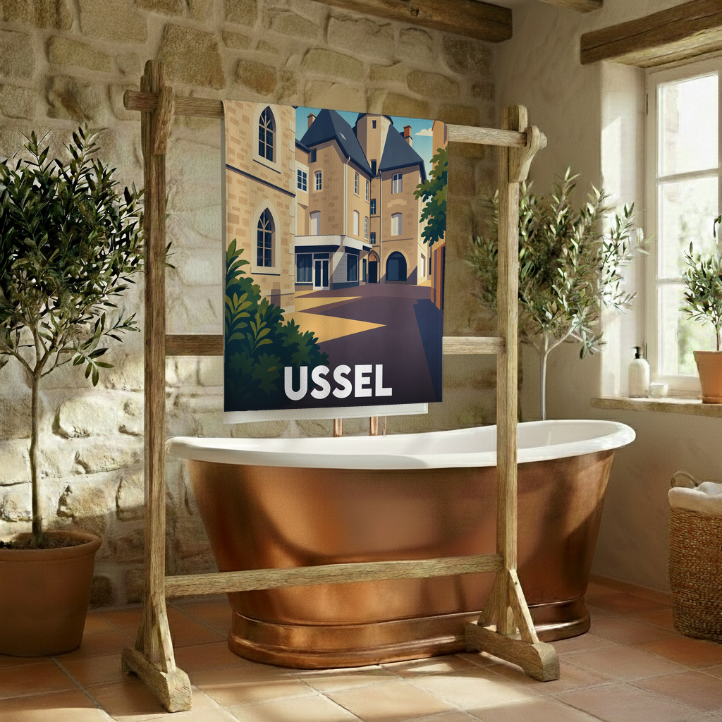 Serviette de bain souvenir de la ville d'Ussel avec une illustration stylisée de ses bâtiments historiques.