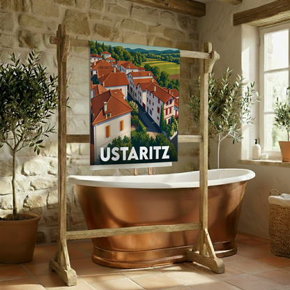 Serviette de bain souvenir de la ville d'Ustaritz avec une illustration stylisée.