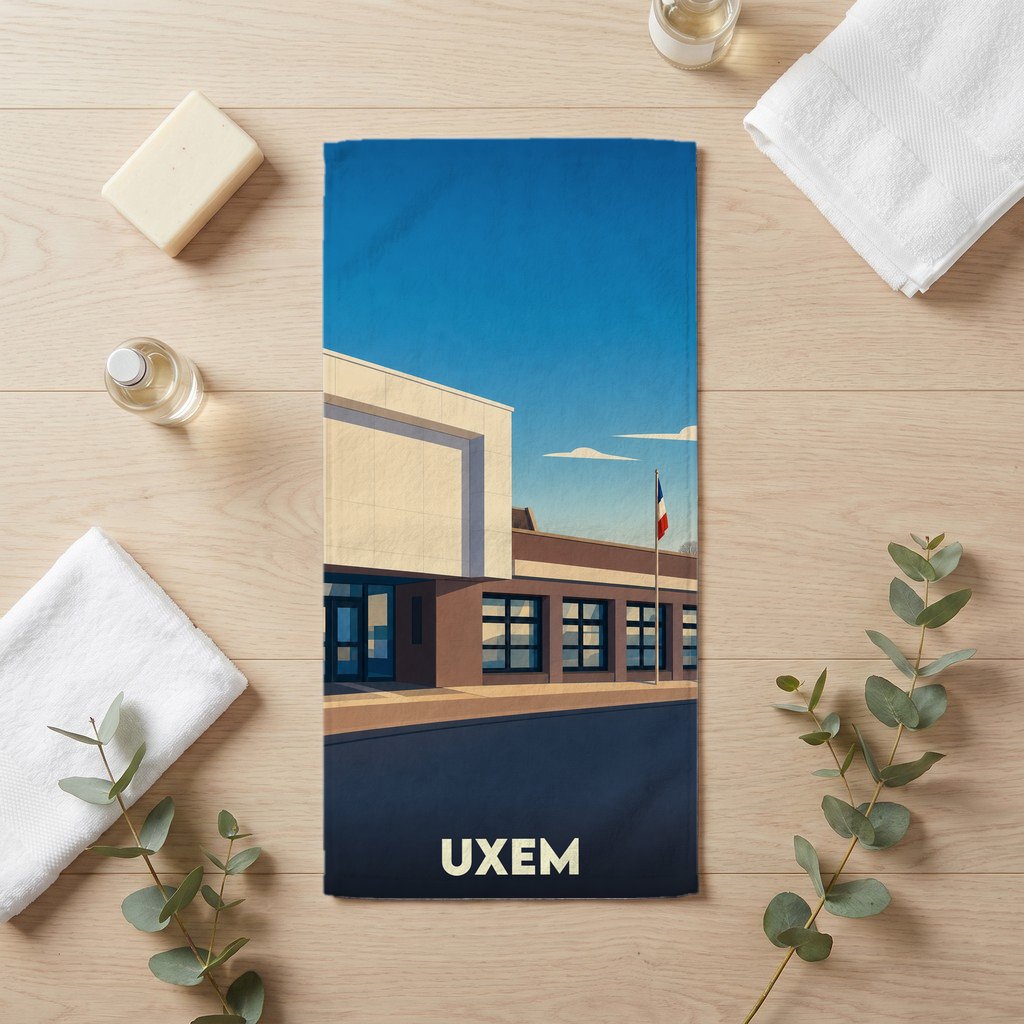 Serviette de bain souvenir de la ville d'Uxem avec une illustration stylisée.