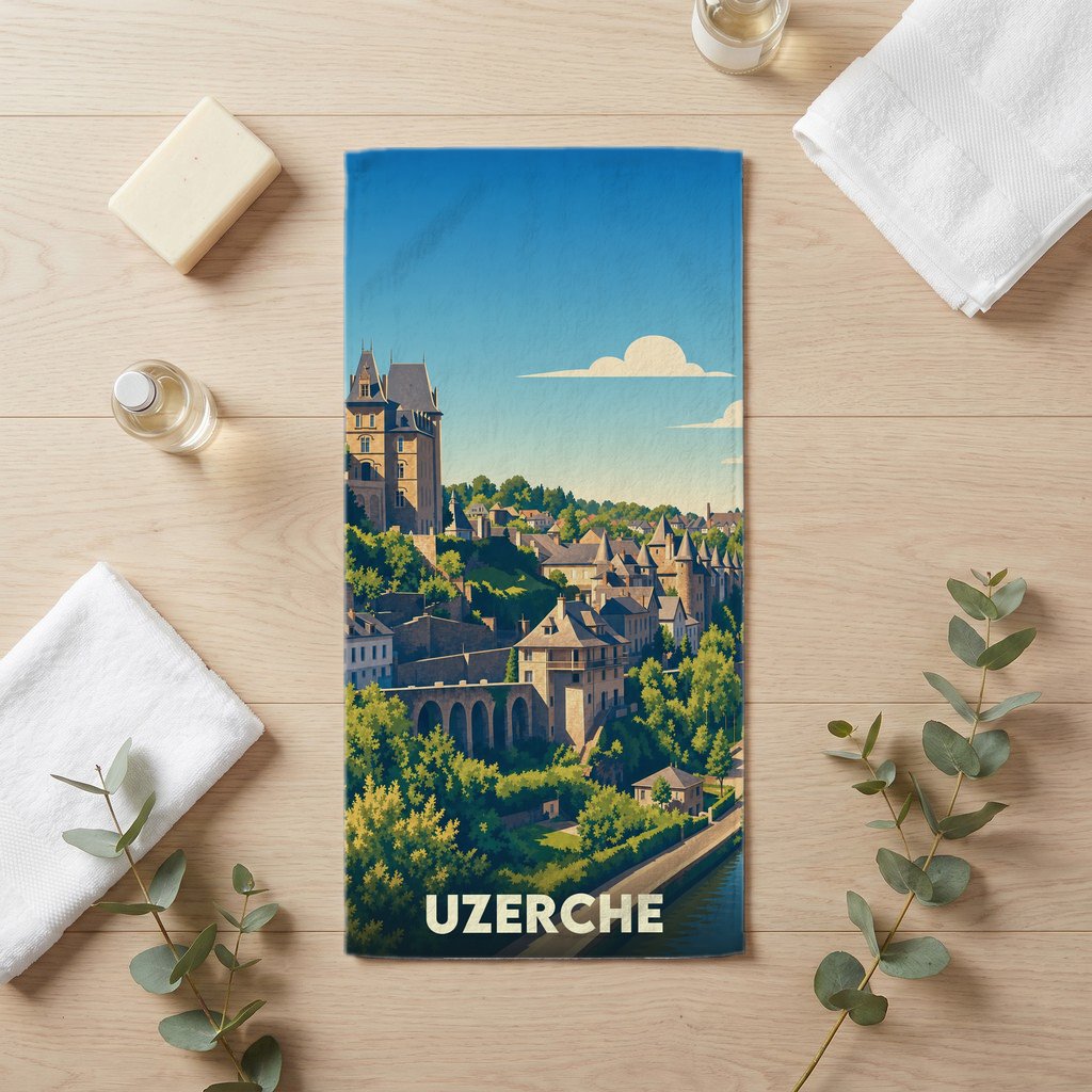 Serviette de bain souvenir de la ville d'Uzerche avec une illustration stylisée de son paysage historique.