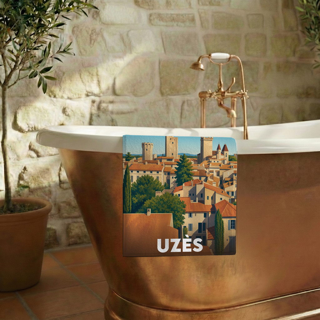 Serviette de bain souvenir de la ville d'Uzès avec une illustration stylisée.