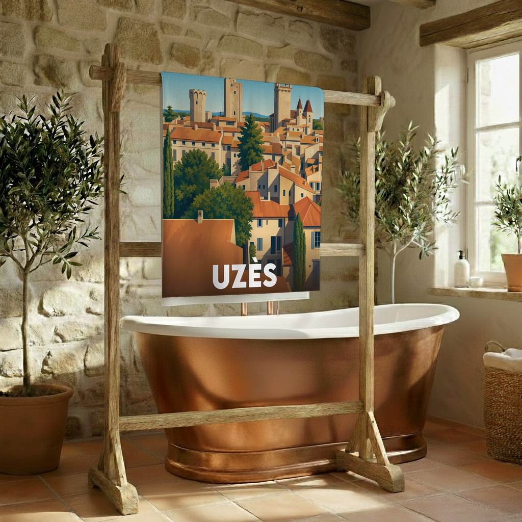 Serviette de bain souvenir de la ville d'Uzès avec une illustration stylisée de ses toits et clochers.