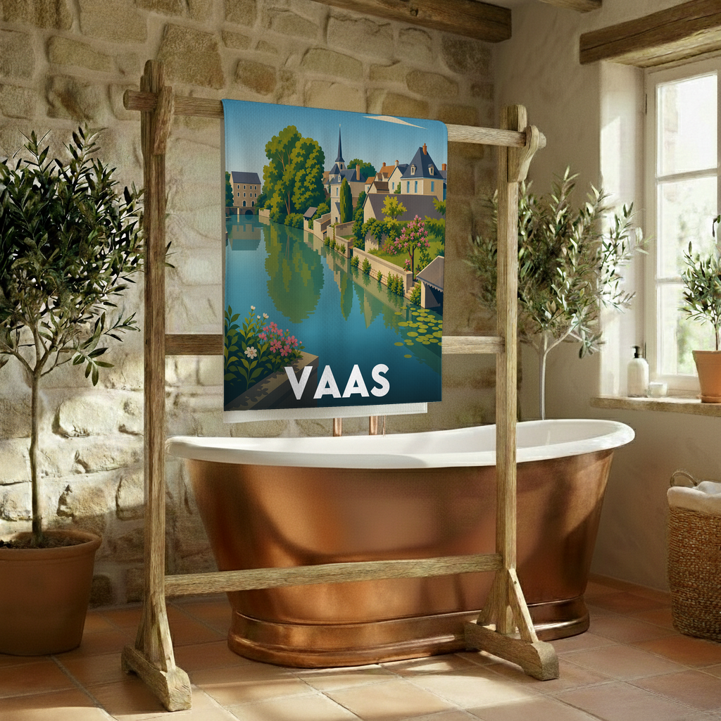 Serviette de bain souvenir de la ville de Vaas avec une illustration stylisée.