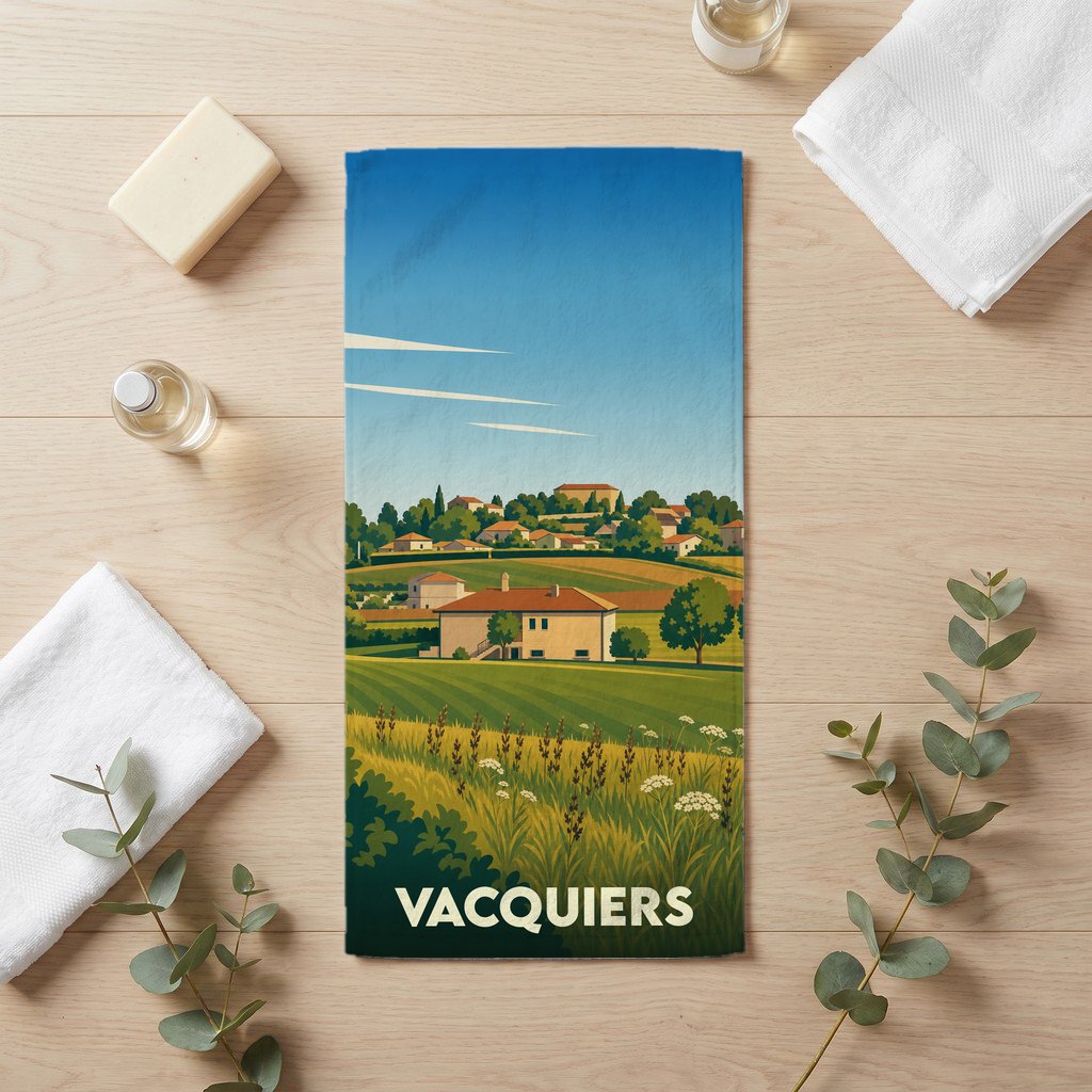 Serviette de bain souvenir de la ville de Vacquiers avec une illustration stylisée de son paysage vallonné.