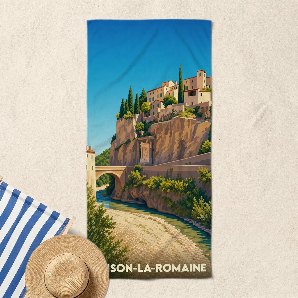 Serviette de plage souvenir de Vaison-la-Romaine ornée d'une illustration stylisée de la cité médiévale.