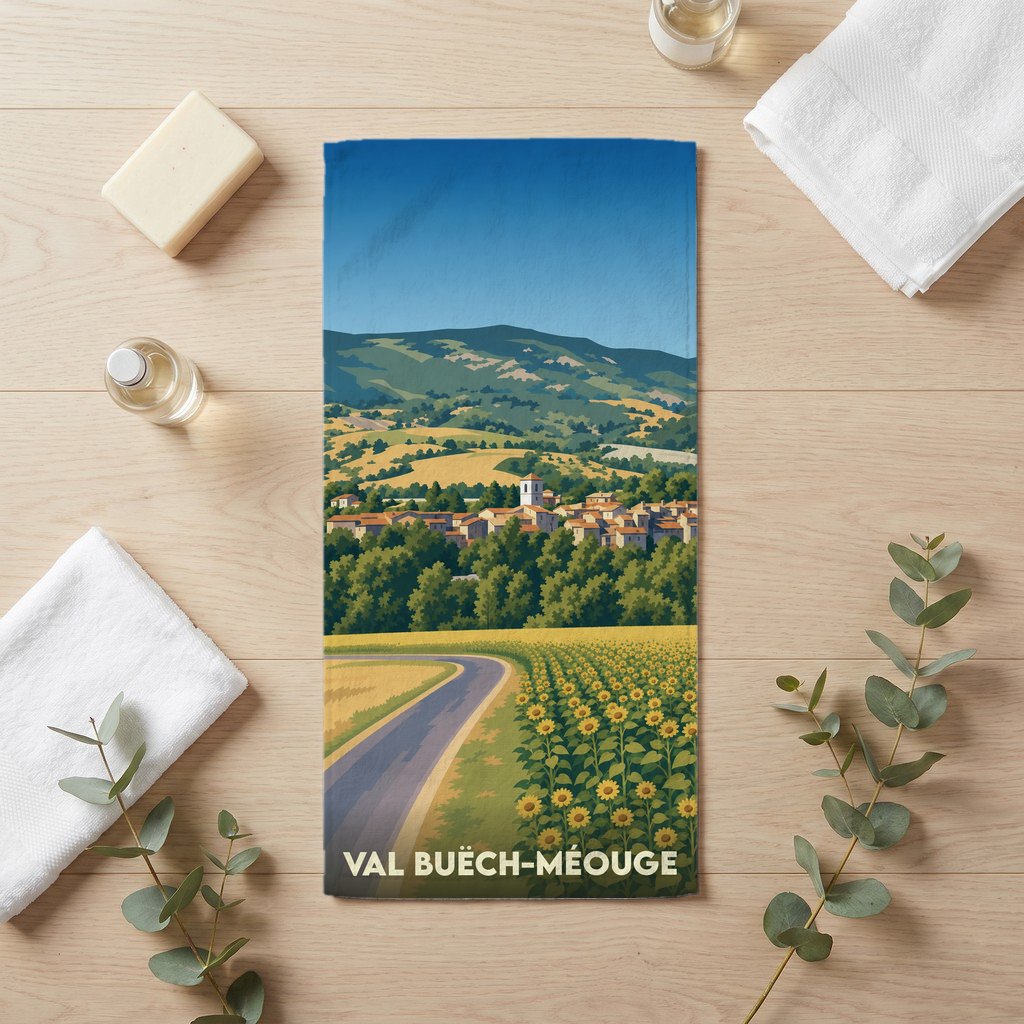 Serviette de bain souvenir de Val Buëch-Méouge avec une illustration stylisée de paysages provençaux.