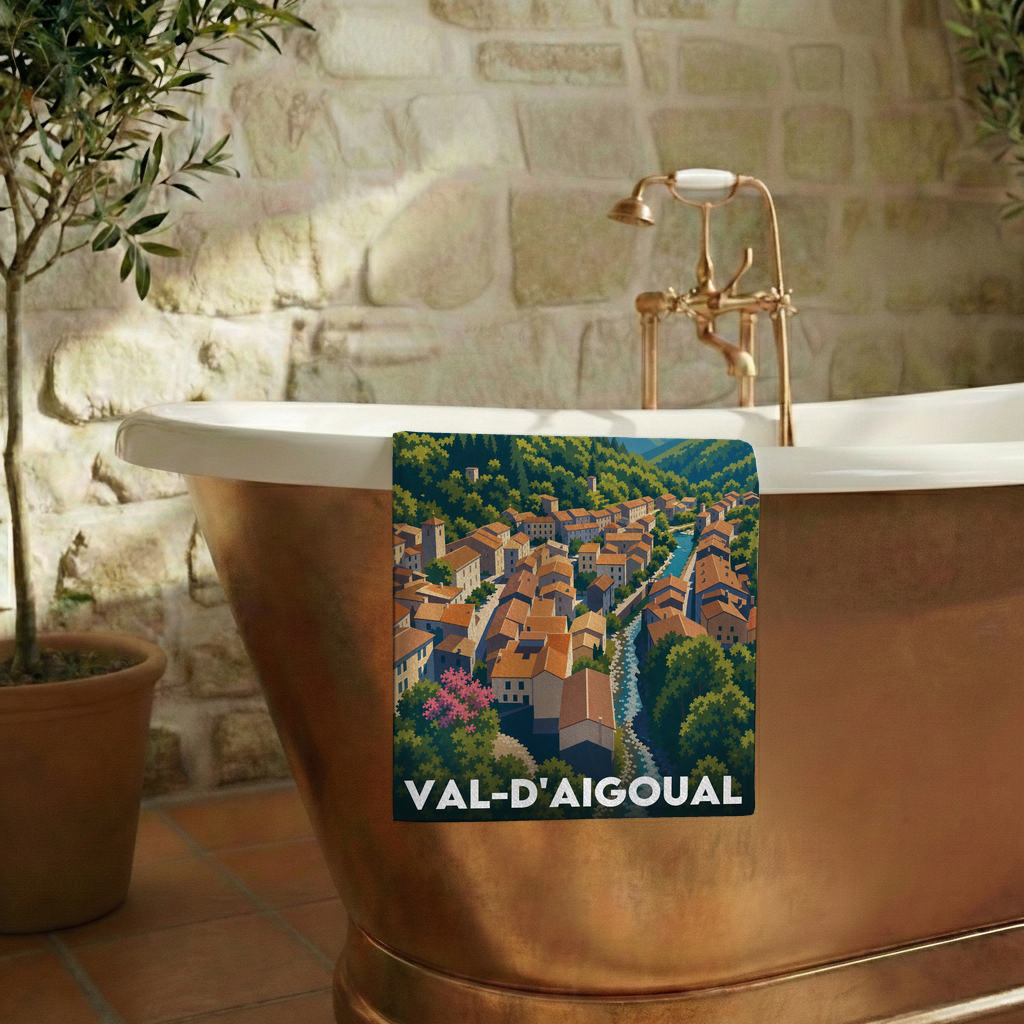Serviette de bain souvenir de la ville de Val-d'Aigoual avec une illustration stylisée.