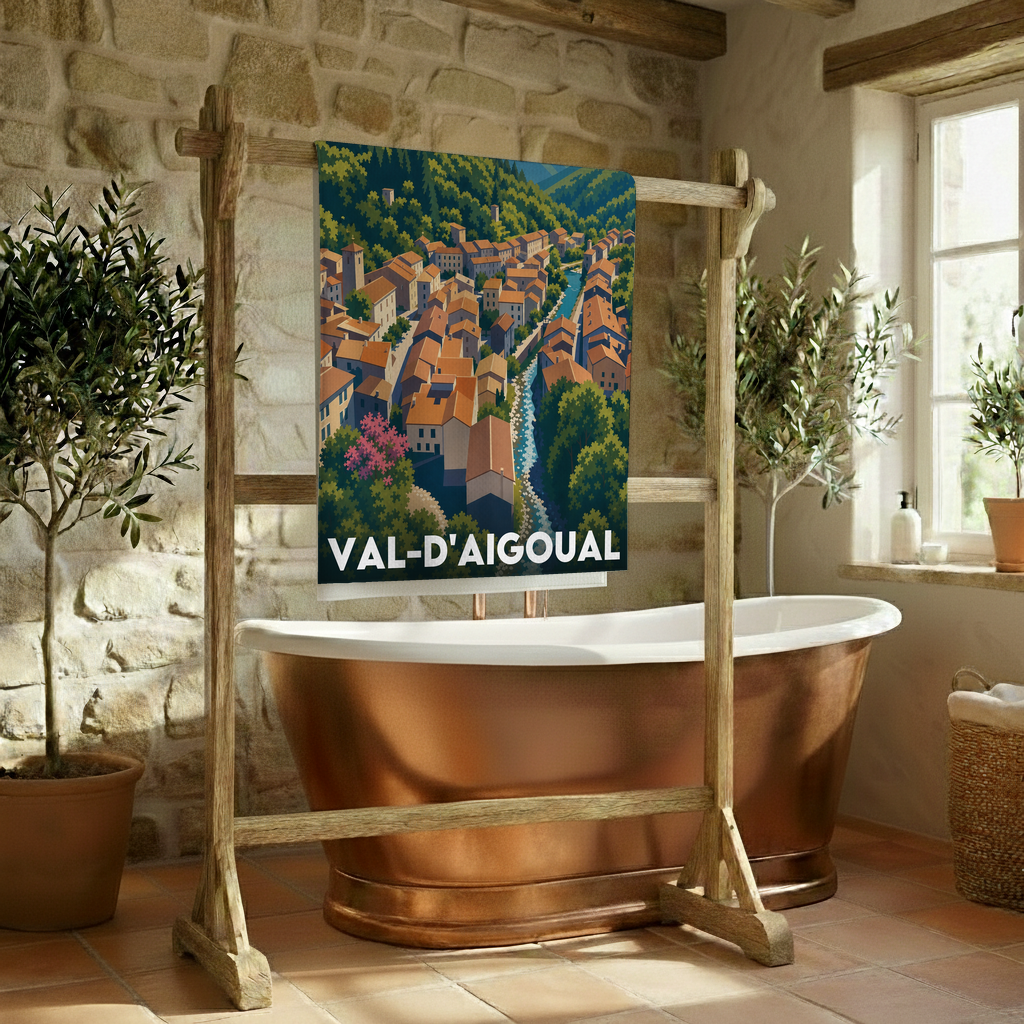 Serviette de bain souvenir de la ville de Val-d'Aigoual avec une illustration stylisée du village et de ses paysages.