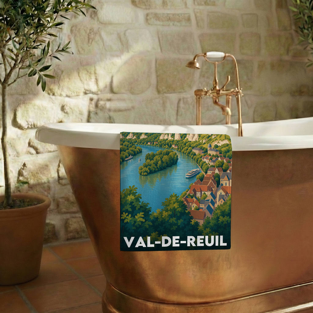 Serviette de bain souvenir de la ville de Val-de-Reuil avec une illustration stylisée.